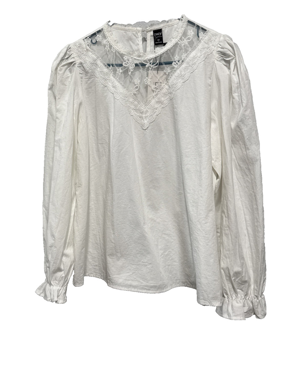 Dazy Womens Blouse Lace Ballon Sleeves White Sz L Boho Peasant Cottage Feminine